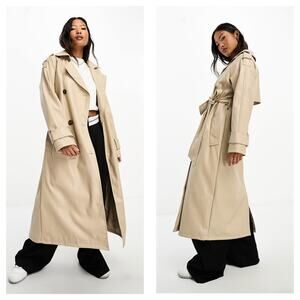 ASOS DESIGN Tan Faux Leather Trench Coat Size 12 Long Preppy Chic Minimalist